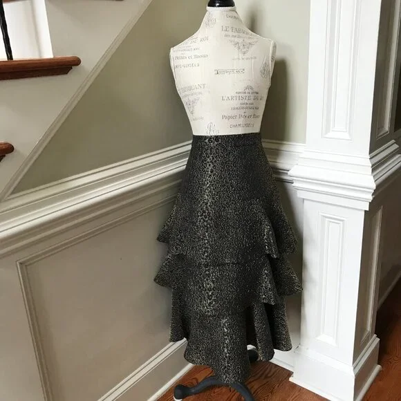 Charlotte Brody Cascade Ruffle Midi Skirt Womens 8 Black Gold High Rise Tiered